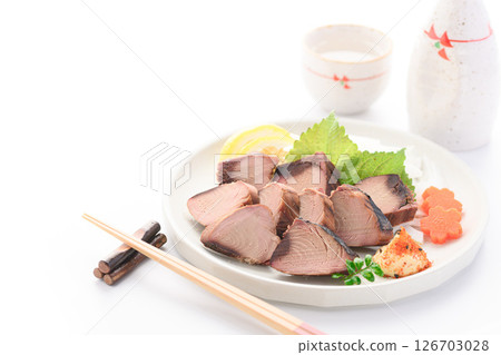 Sliced dried bonito (on a white background) 126703028