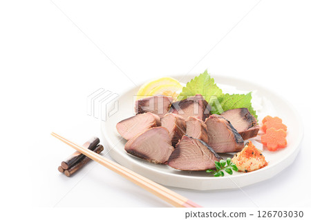 Sliced dried bonito (on a white background) 126703030