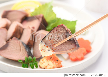 Sliced dried bonito (on a white background) 126703042