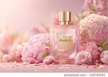A luxurious perfume bottle surrounded by pink flowers 126703081
