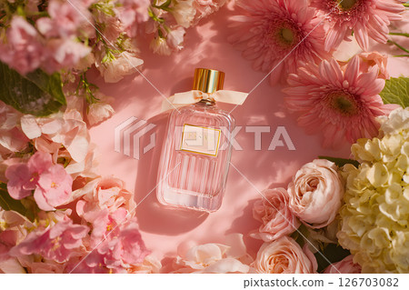 A luxurious perfume bottle surrounded by pink flowers 126703082