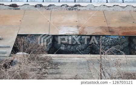 Blocks at a construction site in the creek Blocks at a construction site in the creek 126703121