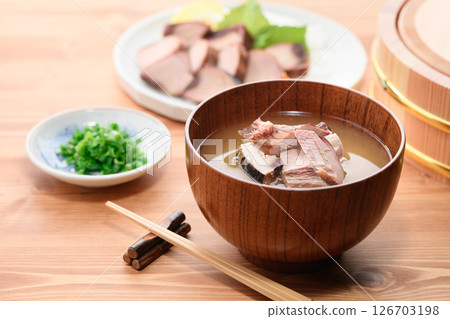 Miso soup with dried bonito flakes 126703198