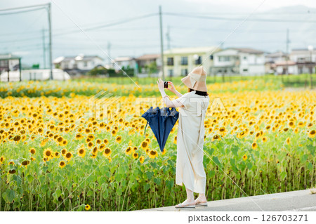 〈安曇野〉新村向日葵田中漫步的女子背影 〈安曇野〉新村向日葵田中漫步的女子背影 126703271