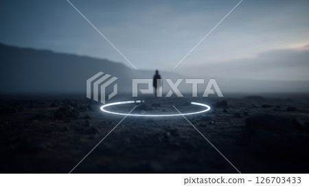 Mysterious figure standing in glowing circle on dramatic mountain landscape Mysterious figure standing in glowing circle on dramatic mountain landscape 126703433