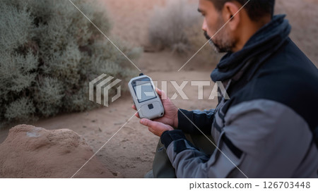 Outdoor professional analyzing data on tablet in rocky wilderness 126703448