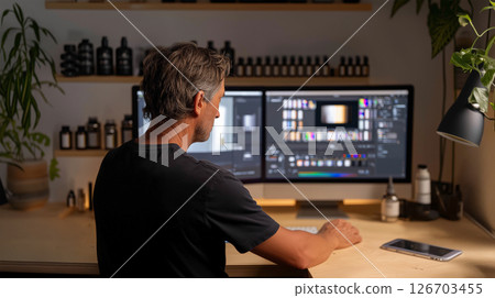 Remote worker managing online business from industrial workspace 126703455