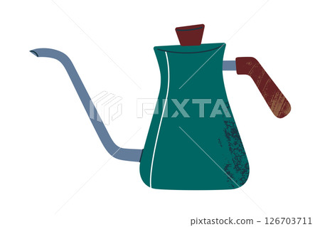 Gooseneck kettle with long thin spout and wooden handle, for precise pour over coffee brewing. Flat cartoon style, vector illustration. Textured iocon for coffee tutorials, branding, and infographics Gooseneck kettle with long thin spout and wooden handle, for precise pour over coffee brewing. Flat cartoon style, vector illustration. Textured iocon for coffee tutorials, branding, and infographics 126703711