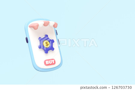 3D smartphone with store, icons, gears, dollar sign on pink. Represents e-commerce, online retail, digital marketing. Cartoon minimalist, modern design for landing page. 126703730