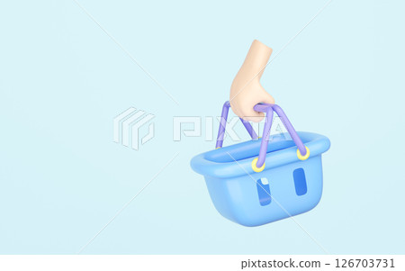 3d cartoon hand holding basket icon isolated on blue background. shopping in supermarket, putting goods in basket concept, 3d illustration render 126703731