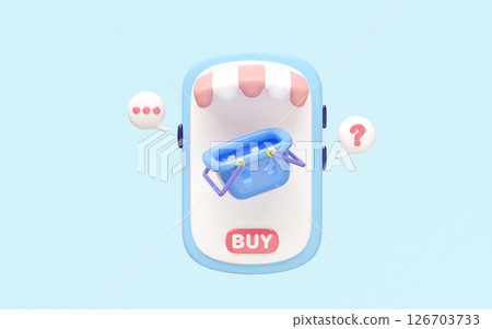 3D mobile phones with store fronts, chat bubbles. Ideal for online shopping, messaging app concepts. Represents e-commerce, online retail, social media. Cartoon minimal and modern design. 3D mobile phones with store fronts, chat bubbles. Ideal for online shopping, messaging app concepts. Represents e-commerce, online retail, social media. Cartoon minimal and modern design. 126703733