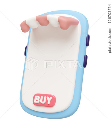 3D blue mobile phone with store front, Ideal for online shopping concepts. Minimal and modern design. 126703734