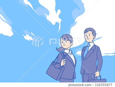 Illustration of men and women in suits under a blue sky 126703877