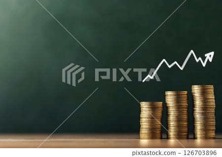 Investment growth represented by an upward graph and coins drawn on a blackboard 126703896