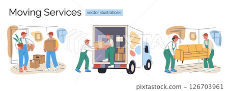 Set of moving services with workers and movers carrying boxes, loading and unloading truck, lifting furniture. Flat cartoon composition, vector illustration for service ads, websites, and flyers 126703961