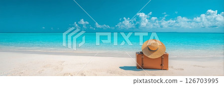 A trunk and straw hat on the beach A trunk and straw hat on the beach 126703995