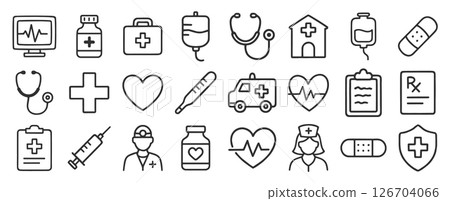 Healthcare hand drawn style icon symbol set. Medical Line Drawing icons collection. Hospital doctor logo pack. Vector illustration image. Isolated on white background. Healthcare hand drawn style icon symbol set. Medical Line Drawing icons collection. Hospital doctor logo pack. Vector illustration image. Isolated on white background. 126704066