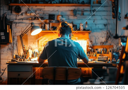 Young man engaged in painting at a well lit workspace during evening hours 126704505