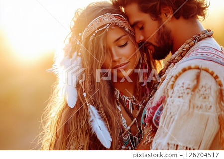 Young couple of mixed race enjoying a tender moment in a sunset setting while weaving together Young couple of mixed race enjoying a tender moment in a sunset setting while weaving together 126704517