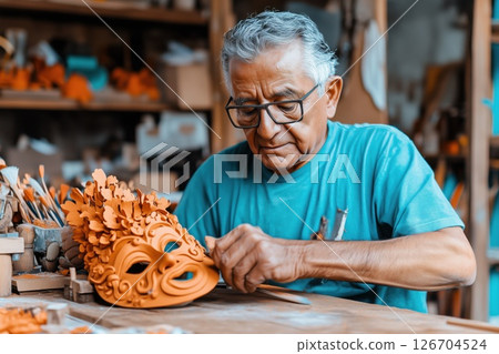 Skilled artisan of Latin American descent creating a detailed mask in a workshop 126704524