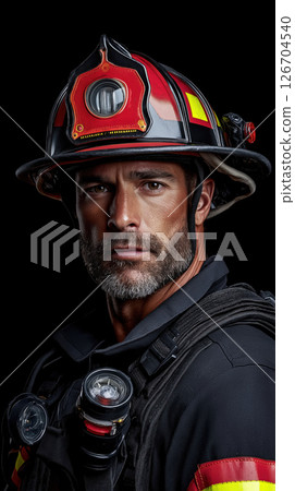 Firefighter in full gear poses confidently against solid background in dramatic lighting 126704540