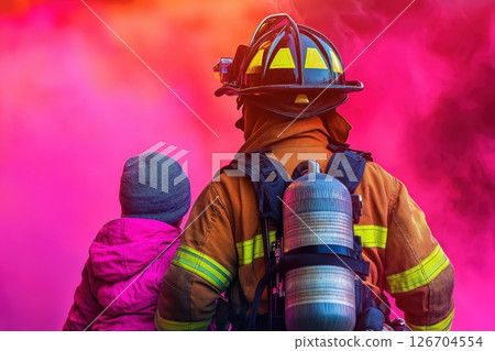 Firefighter saves child from dangers of smoke filled environment during rescue operation 126704554