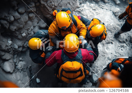 First responders assisting individuals after an emergency situation in a rugged environment 126704586