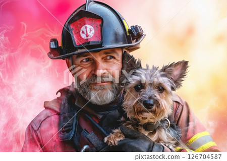 Firefighter rescues small dog during emergency response in vibrant background 126704587