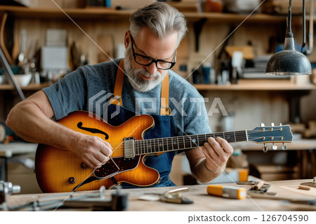 Man restoring an old guitar by sanding in a woodworking workshop 126704590