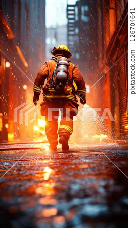 Firefighter bravely extinguishing a blaze in an urban alley during a rainy night Firefighter bravely extinguishing a blaze in an urban alley during a rainy night 126704641