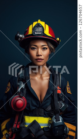 Rescue worker stands confidently beside essential firefighting gear in urban setting 126704657