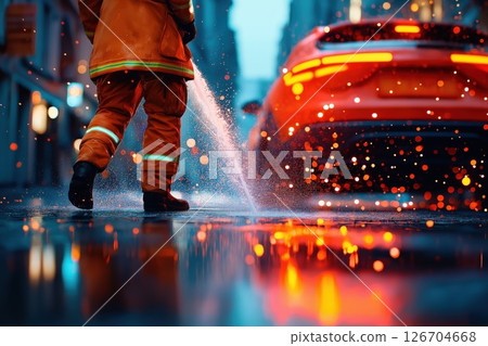 Woman firefighter extinguishing flames on urban street during night 126704668