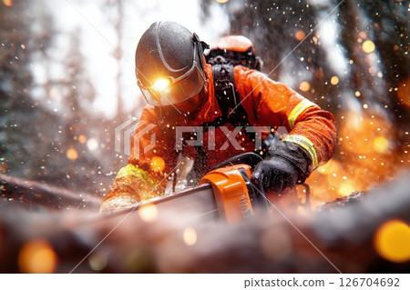 Firefighter uses chainsaw to clear fallen trees in forest during emergency response Firefighter uses chainsaw to clear fallen trees in forest during emergency response 126704692