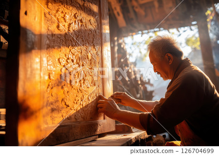 Craftsman carves intricate designs on wood in a sunlit workshop showcasing artistry and skill 126704699