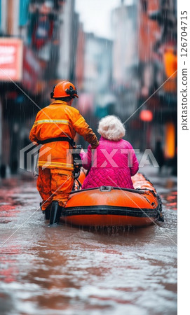 Rescue worker assists elderly woman during severe flooding in urban area 126704715