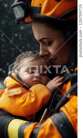 Paramedic comforts baby during emergency response in difficult weather conditions 126704719