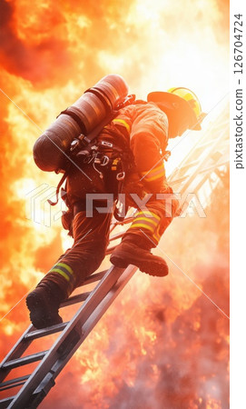 Firefighter climbs ladder to rescue individual from intense blaze in city 126704724
