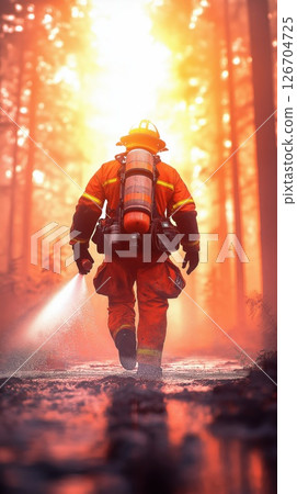 Firefighter in full gear battles flames in a forest during twilight conditions 126704725