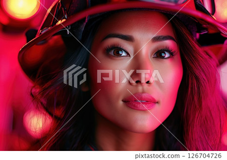 Woman firefighter proudly posing in front of a blazing fire 126704726
