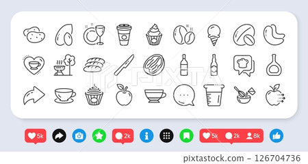 Espresso, Food delivery and Love coffee line icons pack. Social media: share, comment, like icons. Bread, Cake, Soy nut web icon. Pasta, Pecan nut, Cognac bottle pictogram. Vector 126704736