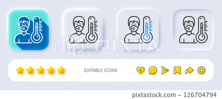 Thermometer line icon. Neumorphic, Flat shadow, 3d buttons. Doctor with face mask sign. Temperature measuring symbol. Line thermometer icon. Social media icons. Vector 126704794