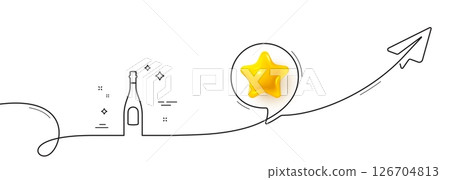 Champagne bottle line icon. Continuous line with share plane. Anniversary alcohol sign. Celebration event drink. 3d star in speech bubble. Champagne single line ribbon. Loop curve pattern. Vector 126704813