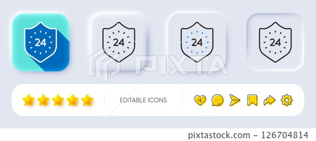 24 hours protection line icon. Neumorphic, Flat shadow, 3d buttons. Shield sign. Line 24 hours icon. Social media icons. Vector 126704814