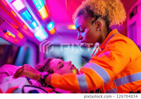 Female paramedic assists woman in labor inside ambulance with colorful lights at night 126704834