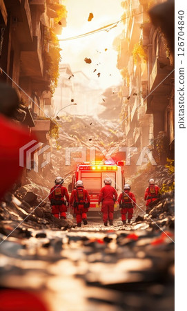 Emergency responders navigate debris to aid individuals in crisis after a disaster 126704840