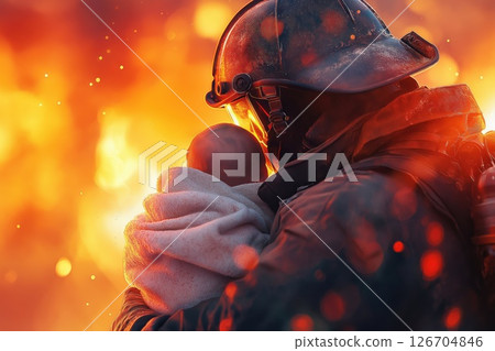 Firefighter rescues a baby wrapped in a blanket amidst a blazing fire during a rescue operation 126704846