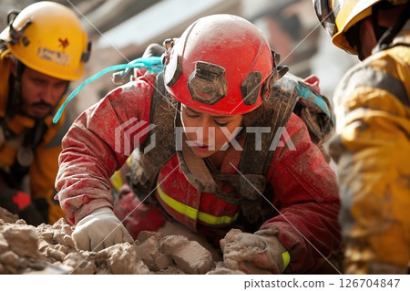 First responders rescue woman from debris during emergency operation in urban environment First responders rescue woman from debris during emergency operation in urban environment 126704847