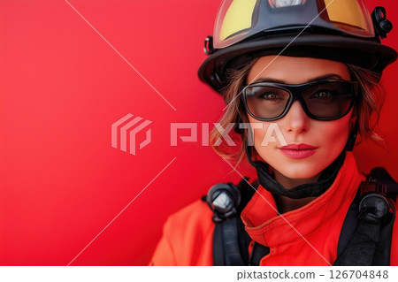 Woman firefighter stands confidently in front of blaze wearing protective gear and helmet 126704848