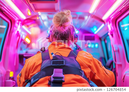 Female paramedic assisting a woman in labor during night shift in an ambulance 126704854