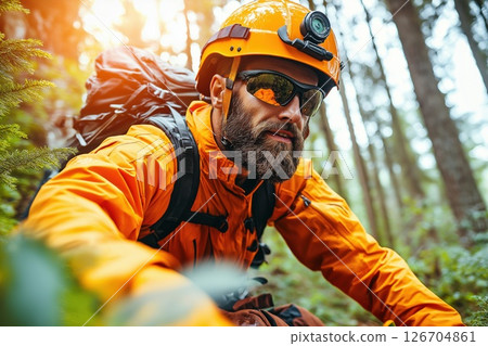 Rescue worker assists injured hiker during forest operation at sunset 126704861